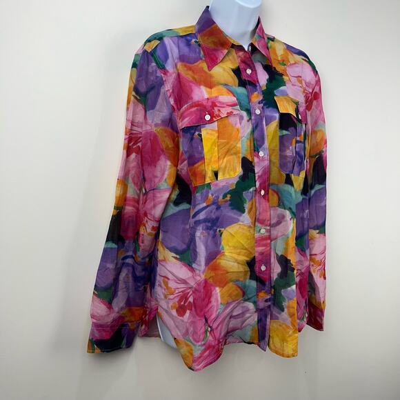 Lauren Ralph Lauren Women's Button Front Top Large Floral Bright Print Collar - Picture 3 of 6
